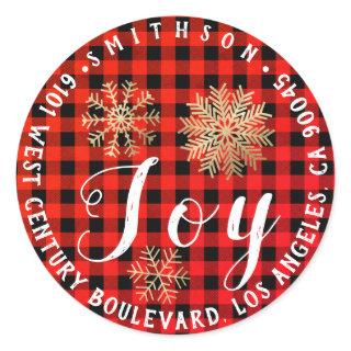Joy Snow Christmas Return RSVP Buffalo Plaid Check Classic Round Sticker