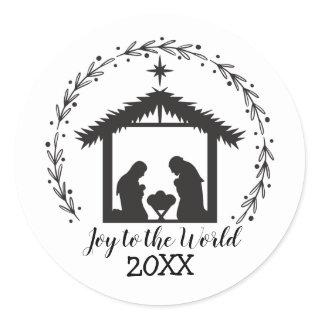 Joy to the World Black and White Nativity Classic  Classic Round Sticker