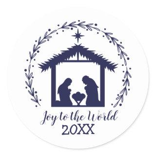 Joy to the World Blue Nativity Classic Round Stick Classic Round Sticker