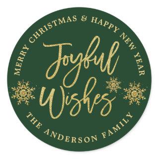 Joyful Wishes Green & Faux Gold Holiday Classic Round Sticker