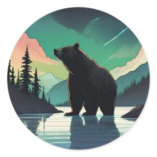 Juneau Alaska grizzly bear aurora northern lights  Classic Round Sticker