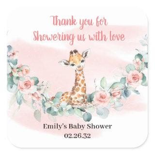 Jungle animal giraffe eucalyptus pink flowers baby square sticker
