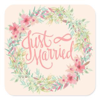 Just Married Pretty Pink Teal Coral Floral Design Square Sticker