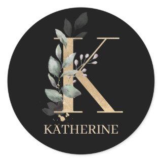K Monogram Floral Personalized Classic Round Stick Classic Round Sticker
