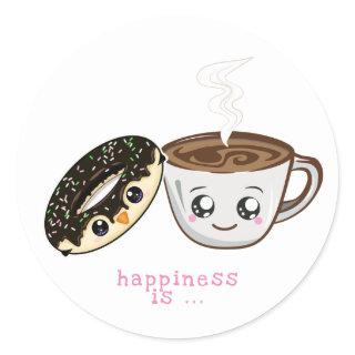 kawaii chocolate doughnut and hot coffee classic round sticker