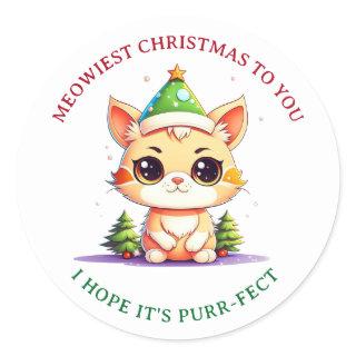 Kawaii Christmas Kitten Holiday Cat Pun Classic Round Sticker