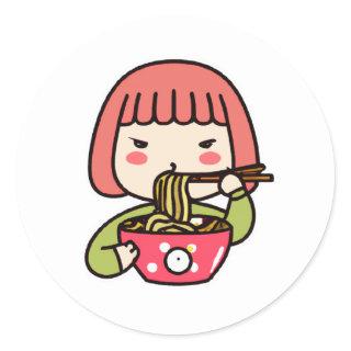 Kawaii Girl eating Ramen with Chopsticks Classic Round Sticker