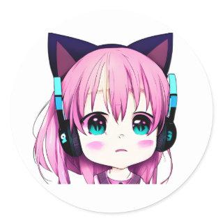 Kawaii Girl with Headphones on Classic Round Sticker