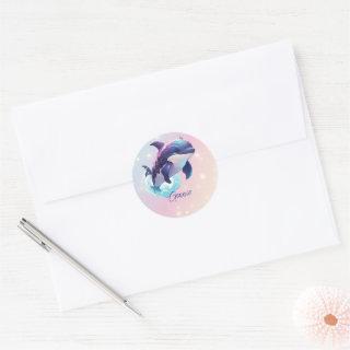 Kawaii Orca Killer Whale Personalized Blue & Pink Classic Round Sticker
