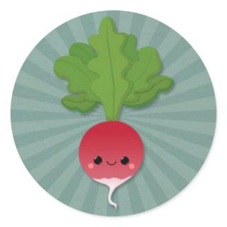 Kawaii Radish on Teal Starburst Classic Round Sticker