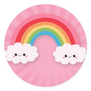 Kawaii Rainbow and Clouds on Pink Starburst Classic Round Sticker