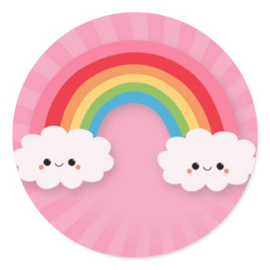 Kawaii Rainbow and Clouds on Pink Starburst Classic Round Sticker