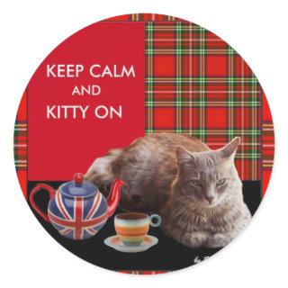 "KEEP CALM AND KITTY ON" ,RED TARTAN,CAT TEA PARTY CLASSIC ROUND STICKER