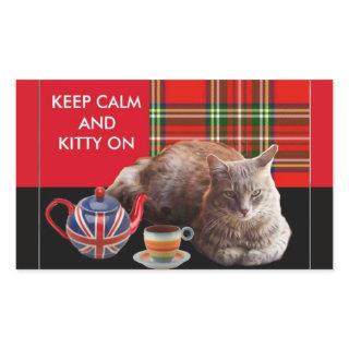 "KEEP CALM AND KITTY ON" ,RED TARTAN,CAT TEA PARTY RECTANGULAR STICKER