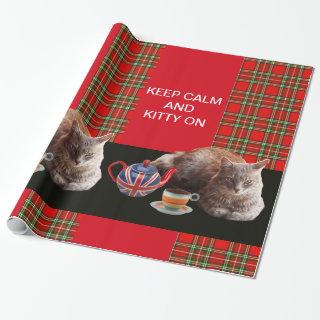 "KEEP CALM AND KITTY ON" ,RED TARTAN,CAT TEA PARTY