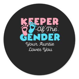 keeper of the gender auntie loves you, baby shower classic round sticker