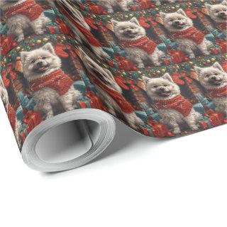 Keeshond Dog With Christmas Gifts Fireplace