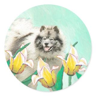 Keeshond in Tulips Painting Cute Original Dog Art Classic Round Sticker