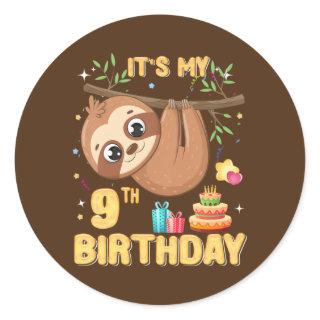 Kids 9 Year Old Sloth Girl Party Cute Sloth Lover Classic Round Sticker