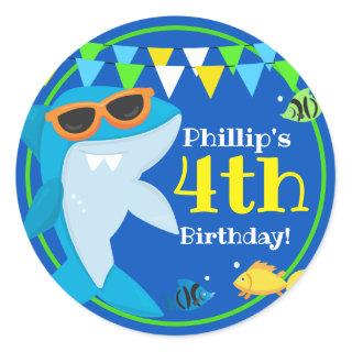 Kids Blue Shark Fintastic Birthday  Classic Round Sticker