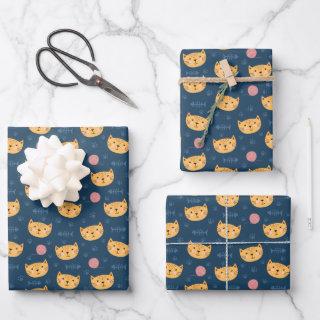 Kids Cute Kitty Cat Faces Paw Prints Ball of Yarn  Sheets