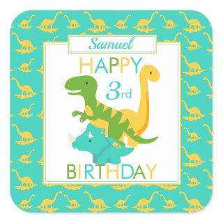 Kids Dinosaur 3rd Birthday Blue Square Sticker