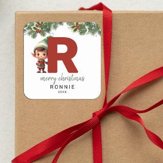 Kids Elf Initial R Christmas Square Sticker