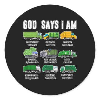 Kids God Says I Am Garbage Trucks Boys Toddler Men Classic Round Sticker