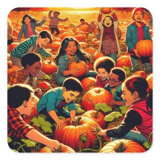 Kids having Fun at the Pumpkin Patch Halloween Square Sticker