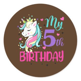 Kids My 5th Birthday Cute Unicorn Lover Birthday Classic Round Sticker