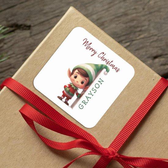 Kids Personalized Elf Christmas Square Sticker