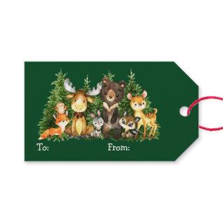 Kid's Watercolor Woodland Animals Christmas Green Gift Tags