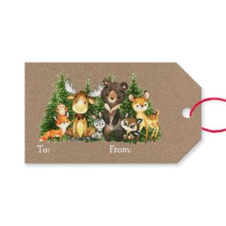Kid's Watercolor Woodland Animals Kraft Christmas Gift Tags