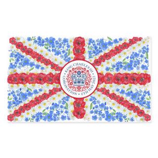 King Charles III Coronation Emblem Floral UK Flag Rectangular Sticker
