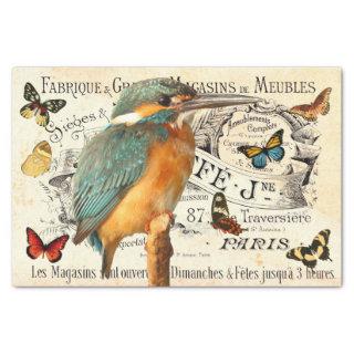 Kingfisher & Butterflies Old French Ad Decoupage 2 Tissue Paper