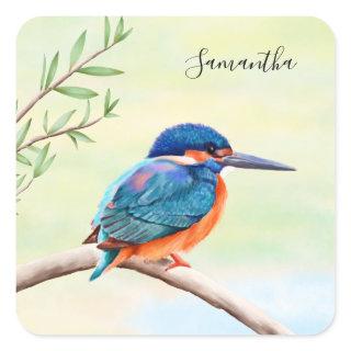 Kingfisher Watercolor Blue Orange Bird Square Sticker