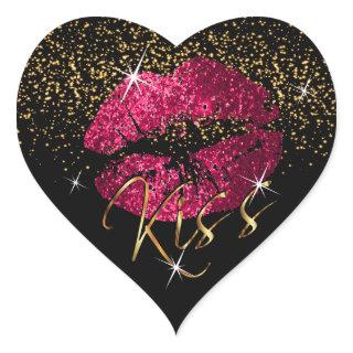 Kiss Hot Pink and Gold Glitter Lips Heart Sticker