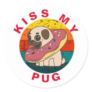 Kiss My Pug Cute Funny Dog Retro Sunset Donut  Classic Round Sticker