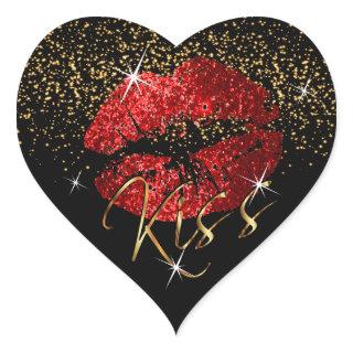 Kiss Red and Gold Glitter Lips Heart Sticker