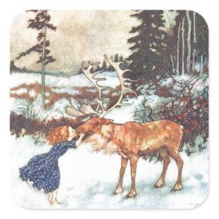 Kissing a Reindeer Square Sticker