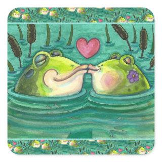 KISSING FROGS COLORFUL & CUTE POND ROMANCE, FUNNY SQUARE STICKER