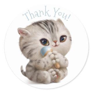 Kitten Hand Drawn Blue Thank You Typography Classic Round Sticker