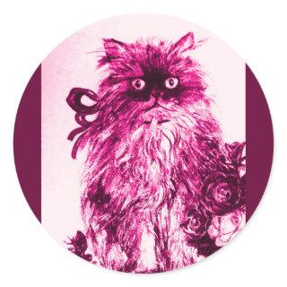 KITTEN WITH ROSES ,Pink Fuchsia White Classic Round Sticker