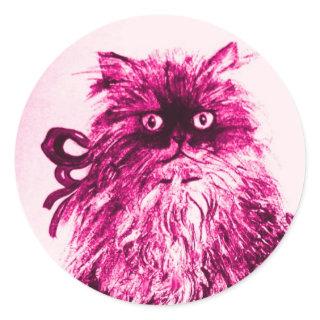 KITTEN WITH ROSES ,Pink Fuchsia White Classic Round Sticker