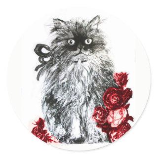 KITTY CAT,KITTEN WITH RED ROSES Black White Classic Round Sticker