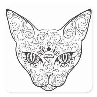 Kitty Face Sugar Skull | Day of the Dead Cat Square Sticker