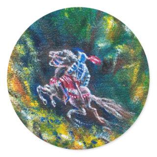 KNIGHT LANCELOT ,HORSE RIDING IN GREEN FOREST CLASSIC ROUND STICKER