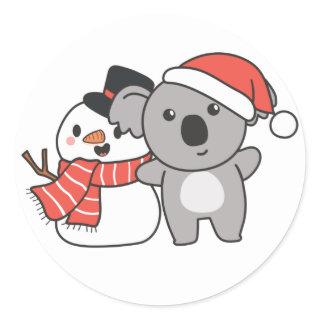 Koala With Snowman In Winter For Christmas Classic Classic Round Sticker