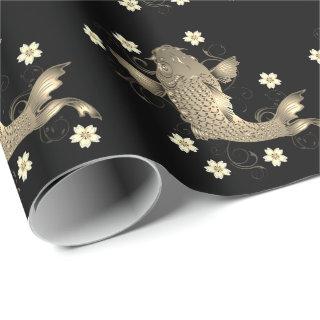 Koi fish oriental black and gold floral elegant
