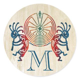 KOKOPELLI / MAN IN THE MAZE + your monogram Classic Round Sticker